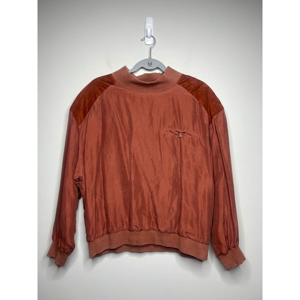 Vintage Diane Gilman Silk Blend Ultra Suede Patch Pullover Top Rust Terracotta L